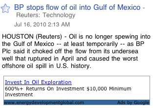 Screenshot: "BP stops flow of oil into Gulf of Mexico" with and ad for "Invest in Oil Exploration"