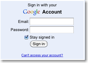 Screenshot: Google login with black text on light blue background.